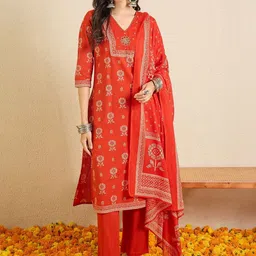 Indo Era Women Ethnic Motifs Printed Regular Thread Work Pure Cotton Kurta with Trousers & With Dupatta image 4