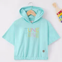 Ed-a-Mamma Half Sleeves Sustainable Cotton Hooded Top Text Embellished - Blue-image-2