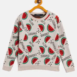 RVK Full Sleeves Watermelon Designed Cotton Pullover Sweater - Beige-picture-17