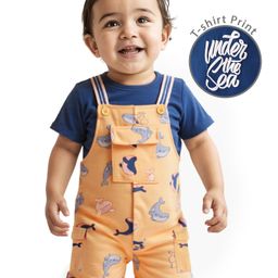 Babyoye  Peaknit Pique Whale Printed Dungaree with Puffy Printed Half Sleeves T-Shirt - Orange & Blue-picture-49