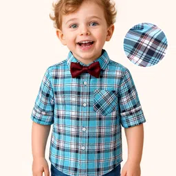Babyoye 100% Cotton Woven Full Sleeves Checks Shirt With Bow - Blue-picture-36