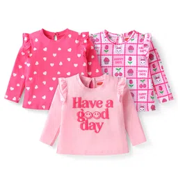 Babyhug Cotton Knit Full Sleeves Hearts & Text Graphics Top with Frill Detailing Pack of 3 -Dark Pink image 1