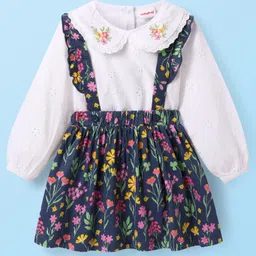 Babyhug Single Jersey Knit Full Sleeves Top & Skirt Set With Floral Print & Embroidery - White & Navy Blue-picture-15