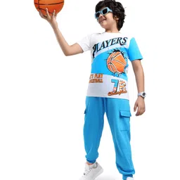 OLLINGTON ST. Cotton Knit Half Sleeves Basketball Printed T-Shirt & Cargo Joggers - White & Blue-picture-13