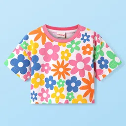 Babyhug Terry Knit Half Drop Shoulder Sleeves T-Shirt with Floral Print - White-picture-23