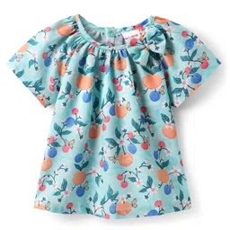 Babyhug Poplin Woven Half Sleeves Top With Floral Print & Bow Applique - Light Blue-picture-13