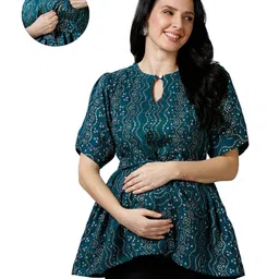 Mom for sure by Ketki Dalal 100% Cotton Woven Half Sleeves Bandhani Printed Maternity Top With Concealed Zipper Nursing Access - Dark Green-picture-38