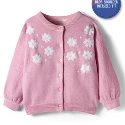 Bonfino 100% Cotton Knitted Full Sleeves Front Open Sweater with Floral Embroidery - Light Pink-picture-17