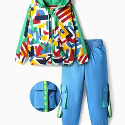 OLLINGTON ST. Looper Cotton Knit Full Sleeves Hooded Sweatshirts & Joggers with Geometric Print - Multicolor & Blue-picture-17