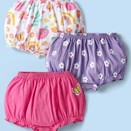 Babyhug 100% Cotton Knit Above Knee Length Antibacterial Bloomers with Floral & Rainbow Print Pack of 3 - Pink & Purple-picture-18