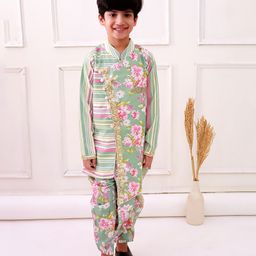 Twisha Cotton Woven Full Sleeves Striped & Floral Printed Coordinating Kurta Dhoti Set - Olive Green & Pink-picture-45