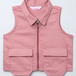 Taffykids Satin Woven Sleeveless Pockets Detailed Zipper Crop Top - Pink-image-16