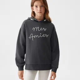 ALAN JONES Cotton Blend Knit Full Drop Shoulder Sleeves Mes Amies Text Printed Light Winter Hoodie - Charcoal-picture-14