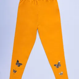 Kiddopanti Cotton Spandex Knit Butterfly Foil Printed & Rhinestones Embellished Leggings - Golden Yellow-picture-30
