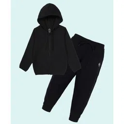 Kiddopanti Fleece Knit Full Sleeves Solid Hooded Winter Sweatjacket With Joggers Set - Black-picture-23