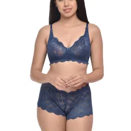 AROUSY Black & Blue Self Pattern Bra Panty Set - Pack Of 3 image 2