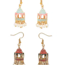OOMPH Combo of 2 MeenakariPink & Red Palki Design Small Jhumka Earrings image 2