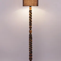 Devansh Blue & Brown Wooden Cylinder Shaped Floor Lamp With Shade image 5