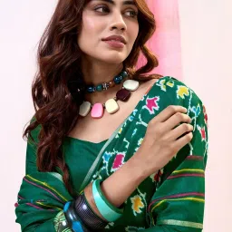 Satrani Green Cotton Silk Printed Saree With Unstitched Blouse image 2