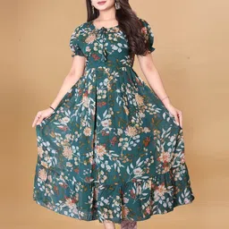 QENA Floral Print Puff Sleeve Gathered or Pleated Tie-Up Neck Fit & Flare Midi Dress-picture-18