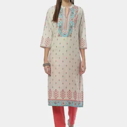Biba Beige Cotton Printed Straight Kurta image 1