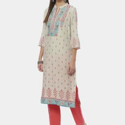 Biba Beige Cotton Printed Straight Kurta image 4