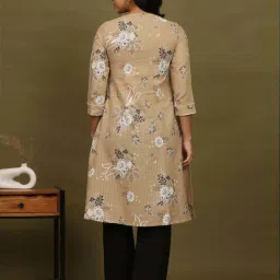 W for Woman Beige Floral Printed Cotton Check Textured Gathered Kurta image 2