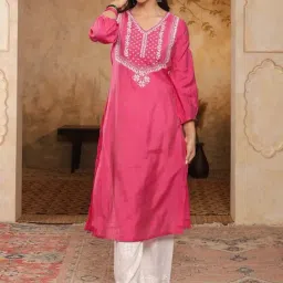 house of chikankari Chanderi Chikankari Solid Women's Long Kurta - Pink-picture-23