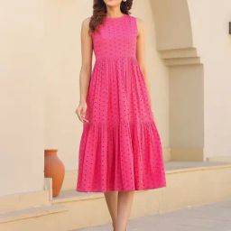 Janasya Pink Embroidered Midi Dress-picture-8