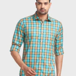ColorPlus Blue Cotton Tailored Fit Checks Shirt image 1