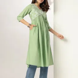 Janasya Light Green Embroidered Kurta image 3