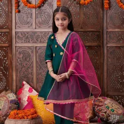 PSPeaches Kids Green Floral Yoke Design Angrakha Gotta Patti A Line Kurta With Trousers & Dupatta image 3