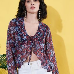 Anvi Be Yourself women Floral Printed Tie Up Neck Flared Sleeve Crop Blouson Top-picture-40