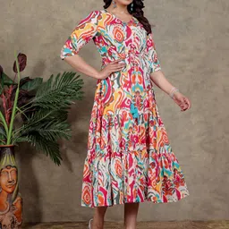 Aramya Abstract Printed V-Neck Pure Cotton Fit And Flare Dress image 2