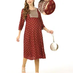 Bella Mama Three Fourth Sleeves Yoke Embroidered Maternity Kurta - Maroon-picture-12