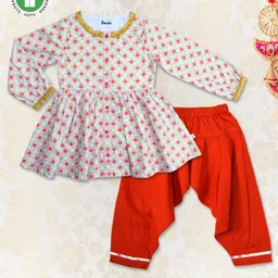 Pranava 100% Organic Cotton Full Sleeves Floral Printed & Placket Lace Embellished Kurta Salwar Set - White & Red-picture-12