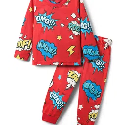 Babyhug Full Sleeves Co-ords Night Suit With Text Print - Red-picture-24
