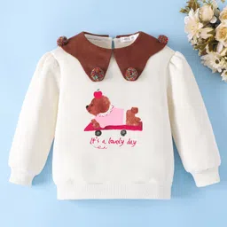 Mark & Mia Full Sleeves Sweatshirt With Teddy Bear Applique & Pom Pom Applique - White-picture-20