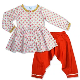 Pranava 100% Organic Cotton Full Sleeves Floral Printed & Placket Lace Embellished Kurta Salwar Set - White & Red image 3