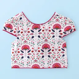 Earthy Touch Premium Cotton Knit Half Sleeves Choli Lehenga with Back Knot Detailing & Dupatta Floral Print - White image 3