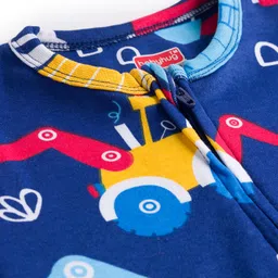 Babyhug Cotton Knit Full Sleeves Footed Sleepsuit With Vehicle Print - Navy Blue image 3