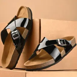 hoversoul Hoversole Women's Xena Gloss Black Cork Cross Strap Sandals-picture-17