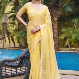 Satrani Yellow Embroidered Saree With Unstitched Blouse-image-61