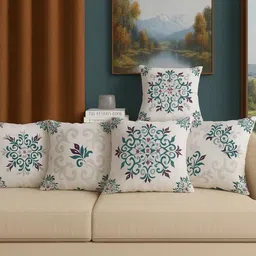 Aura White & Green Set of 5 Floral Square Cushion Covers-picture-12