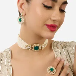 Zaveri Pearls Green Austrian Diamonds Multistrand Necklace Earring Ring Set-ZPFK17598-picture-10