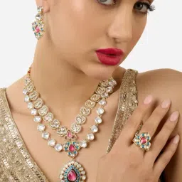 Zaveri Pearls Turquoise Blue Pink Stones Layered Necklace Earring Ring Set-ZPFK17599-picture-33