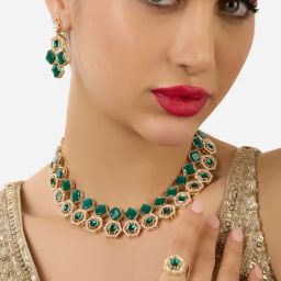 Zaveri Pearls Green Stones Austrian Diamonds Necklace Earring & Ring Set-ZPFK17597-picture-46
