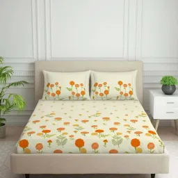 Spaces Phuleri Yellow 144 TC Cotton Queen Flat Bedsheet with 2 Pillow Covers image 2