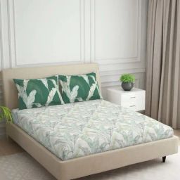 Spaces Tropica Green 132 TC Cotton Queen Flat Bedsheet with 2 Pillow Covers-picture-39