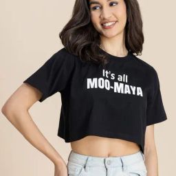 Moomaya Black Graphic Print Crop T-Shirt-picture-14